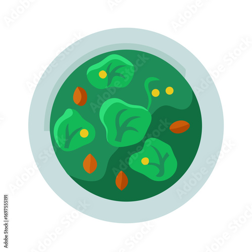 Healthy green soup bowl overhead flat lay illustration
