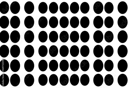 Abstract monochrome pattern of black ovals arranged in a grid formation. Minimalist geometric background with repeating ellipse shapes for texture and design