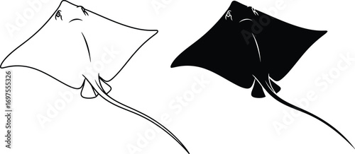 Contrasting illustrations of a graceful stingray, one outlined and one solid black.