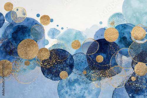 抽象的な水彩画、青と金色の円、エレガントな背景
