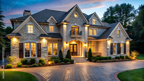 Suburban mansion with beige brick facade glowing at dusk