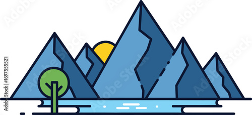 Serene mountain landscape with sun rising over jagged peaks and calm water