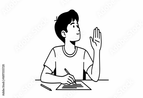 Line drawing of a curious schoolboy actively participating in a lesson, raising his hand while writing at his desk. Concept of education, knowledge, and classroom engagement