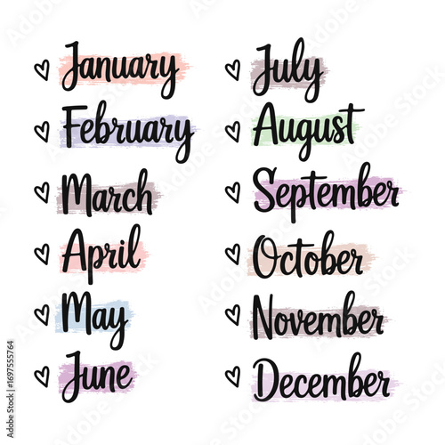 Handwritten Months of the Year Brush Lettering Calendar Design with Pastel Colors