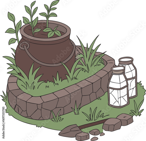 Cartoon Garden Scene with Cauldron and Seedlings Keywords: garden, cartoon, cauldron, seedlings