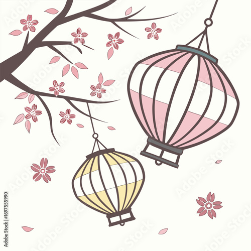Cherry Blossoms and Hanging Lanterns sakura flower