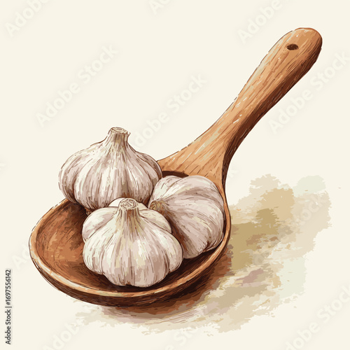 Garlic Bulbs on Rustic Wooden Ladle