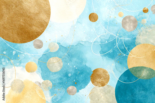 抽象的な水彩画、青と金色の円、エレガントな背景