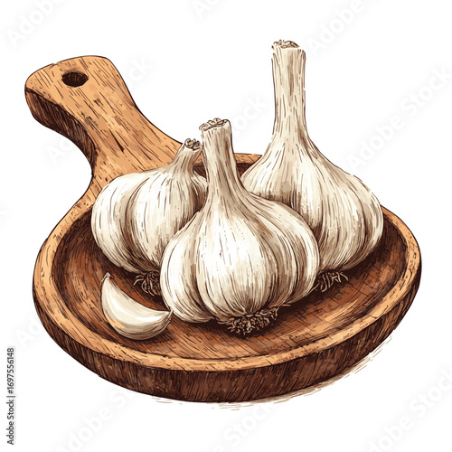 Garlic Bulbs on Rustic Wooden Ladle