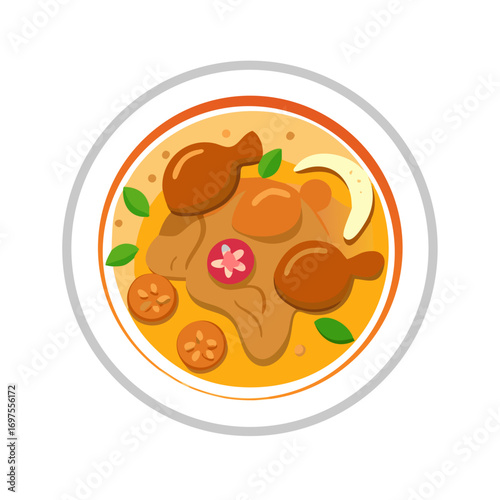 Top-down view of Thai chicken dish in cartoon style