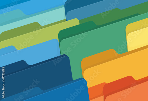Abstract background of overlapping colorful folders representing organized information, data management, and systematic archiving