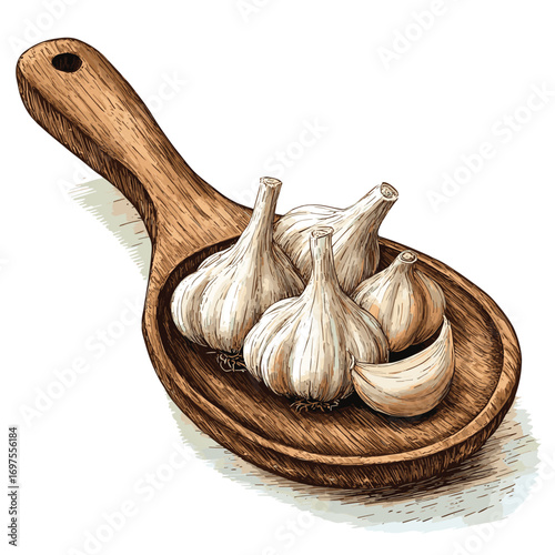 Garlic Bulbs on Rustic Wooden Ladle