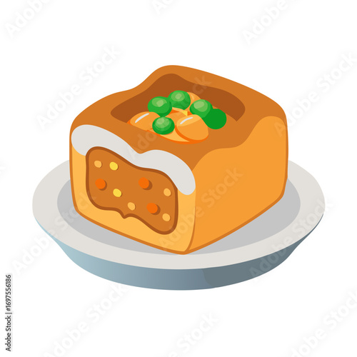 Isometric view of pot pie on plate against black