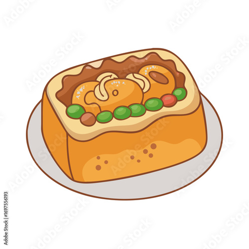 Whimsical dessert illustration of decorated baked treat on plate