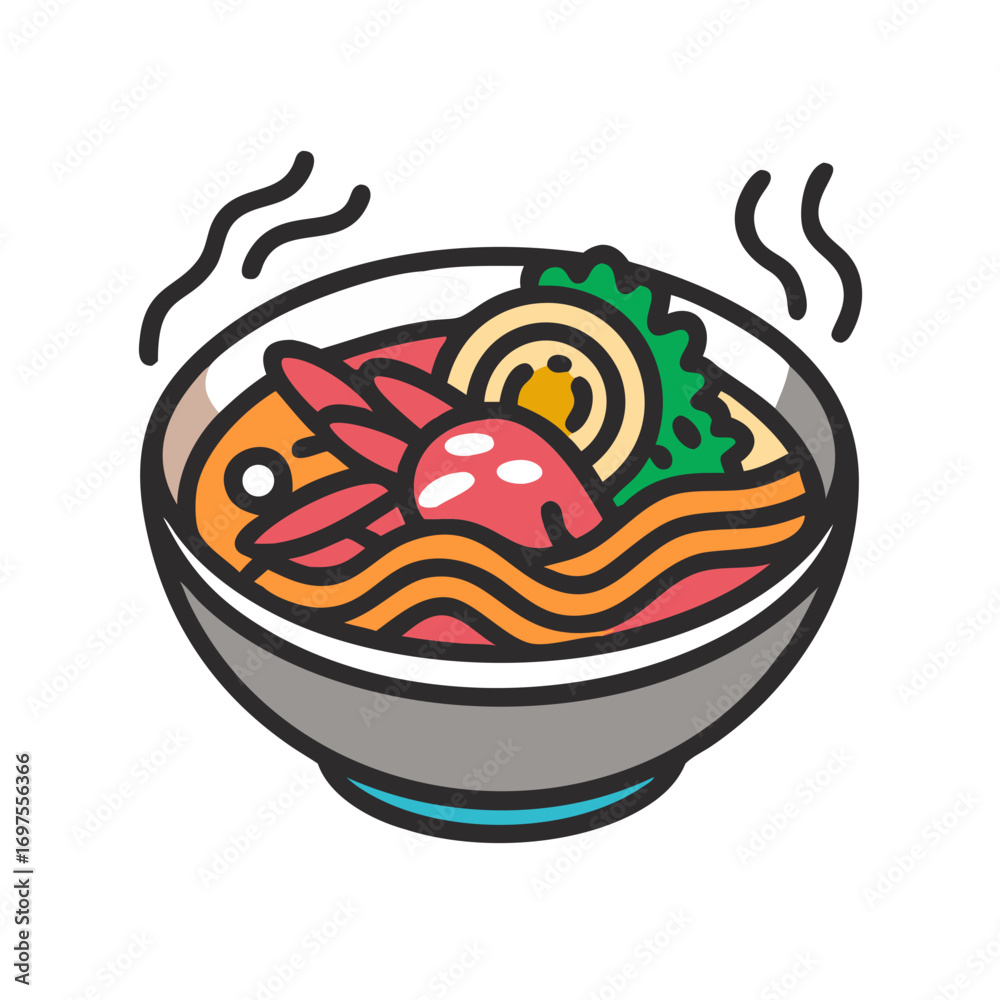 Fototapeta premium Stylized ramen bowl illustration featuring shrimp and various toppings