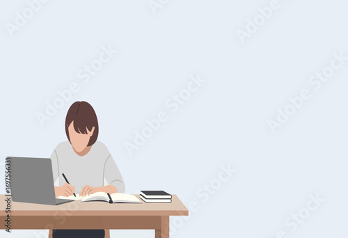 Minimalist vector illustration of a young woman studying at her desk with a laptop and notebook, representing online education or remote work