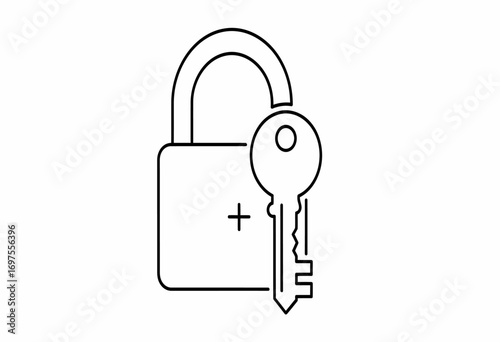 Minimalist line art icon of a padlock and key, symbolizing digital security, access control, and data encryption. Vector illustration for cybersecurity concepts