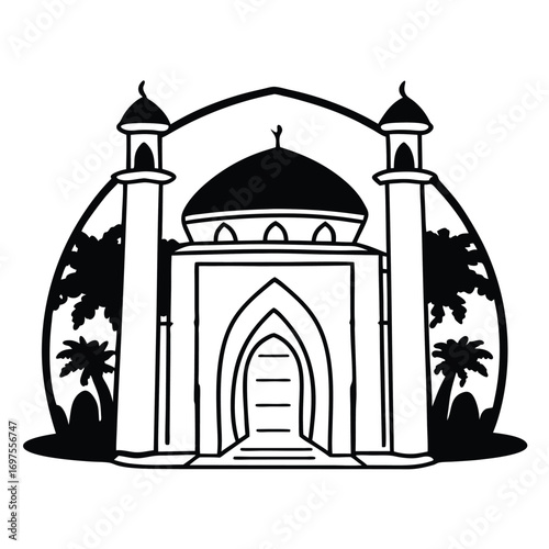 Black Silhouette Vector of Mosque with Arch Entrance