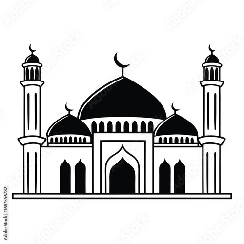 Black Silhouette Vector of Mosque with Crescent Design