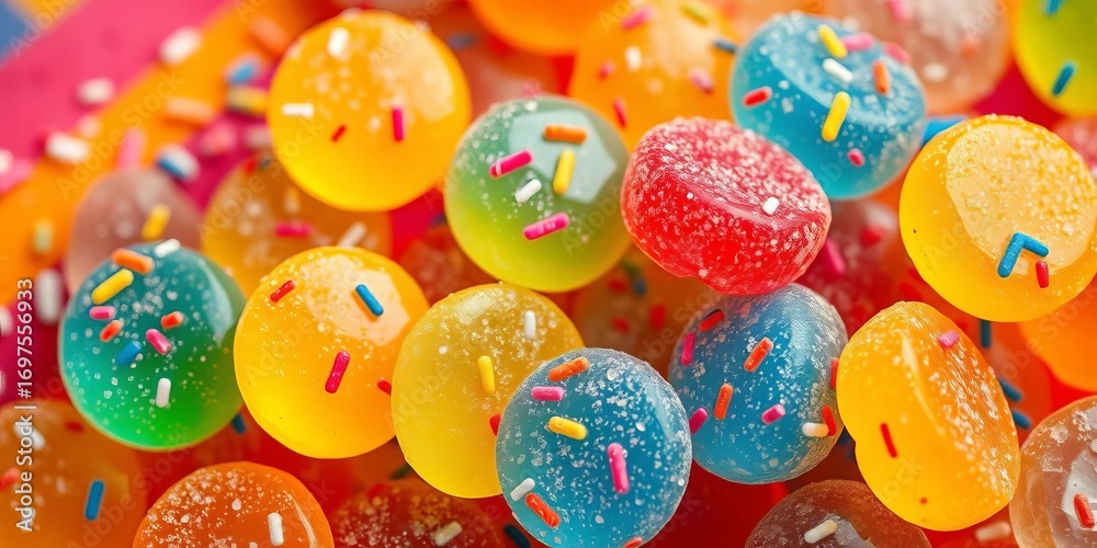 Fototapeta premium Rainbow jelly candies coated in colorful sugar sprinkles against a sour rainbow candy background, rainbow candy, dessert background