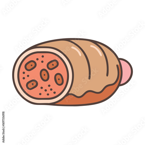 Cartoon-style bologna sausage on black background with brown shapes