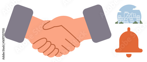 Two hands in a handshake signifying agreement, bell for notification or alert, and a cityscape symbolizing collaboration, partnership, and growth. Ideal for teamwork, communication, networking
