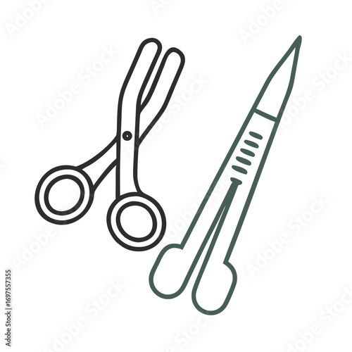 Two pairs of scissors minimalistic outlined on solid background