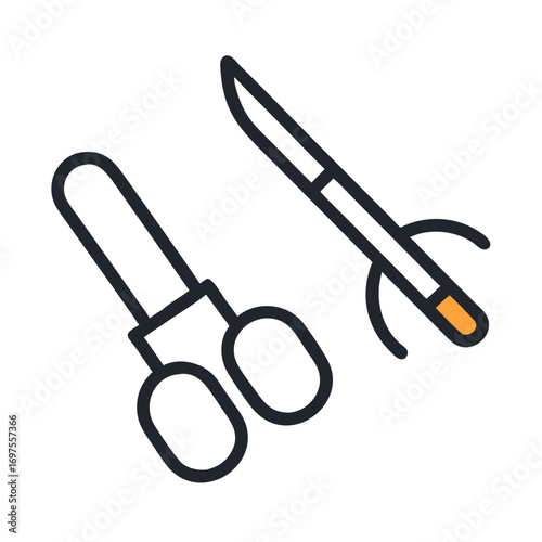 Medical surgical instruments on black background flat graphic design