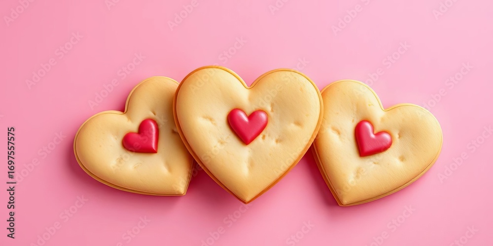 Obraz premium Three heart-shaped cookie cakes on pink background, studio shot, sweet treat, confectionery