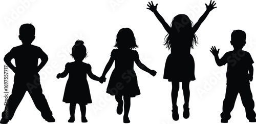 Diverse group of happy children silhouetted against a white background, celebrating with joy.