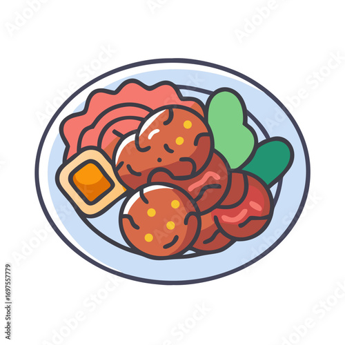 Flat vector illustration of meatballs with sauce on plate