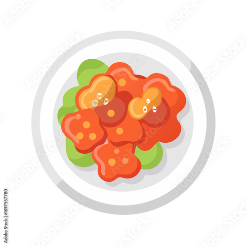 Stylized flat vector image of orange chicken on plate