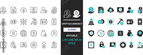 Cryptocurrency icon set line and solid style. Bitcoin, wallet, blockchain, coin, token, mining, chart, secure, exchange, digital vector collection.