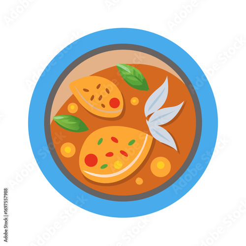 Flat vector illustration of colorful soup bowl on black background