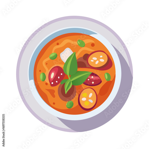 Overhead shot of vibrant soup bowl on dark background