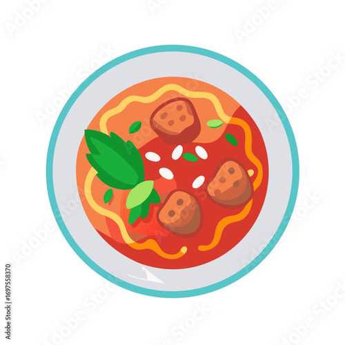 Meatball and noodle soup bowl illustration on black background