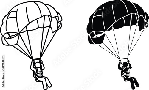Dynamic skydiver in silhouette and outline descending with parachute