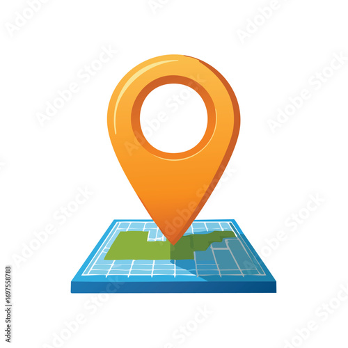 Cartoon illustration of an orange location pin on a stylized blue and green map.