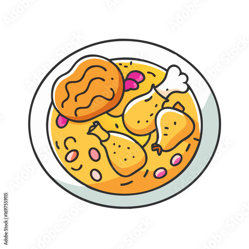 Cartoon illustration of chicken stew on a white plate