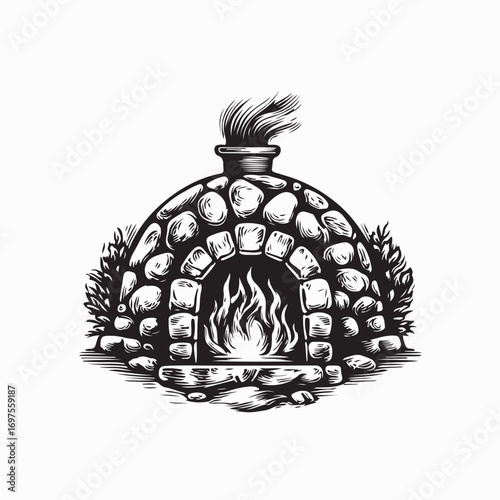 Traditional stone oven with a fire and firewood image vector on white background