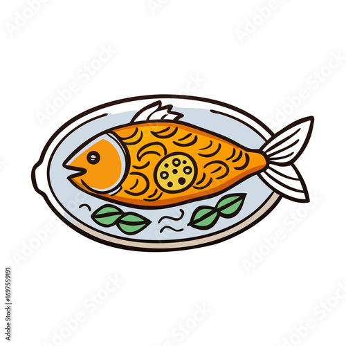 Stylized fish on plate food illustration on black background