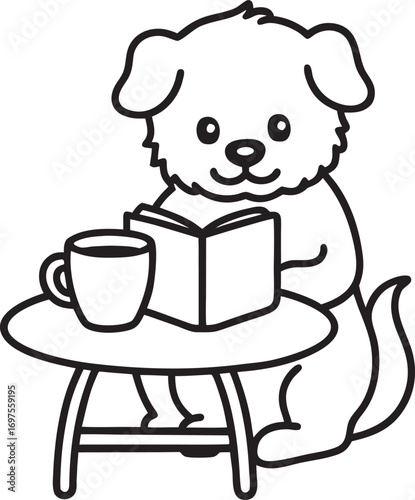 Line art of a dog reading a book and drinking coffee