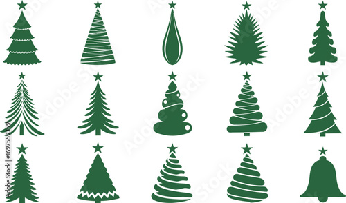 Collection of stylized green Christmas tree icons and a bell for holiday design
