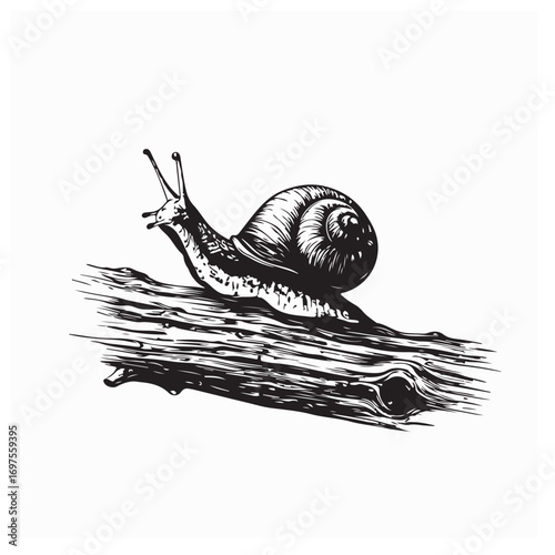 Snail Moving Over Wooden Log Vector Drawing on white background