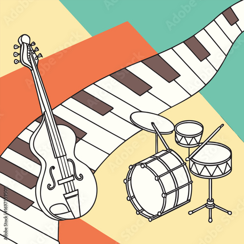 Musical Instruments and Piano Keyboard Illustration