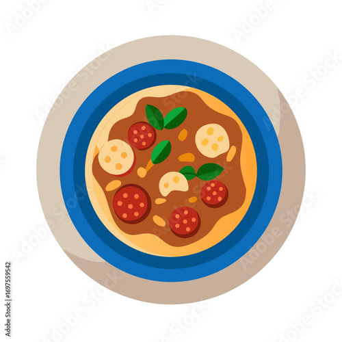 Vector pizza image showcasing pepperoni and basil leaves