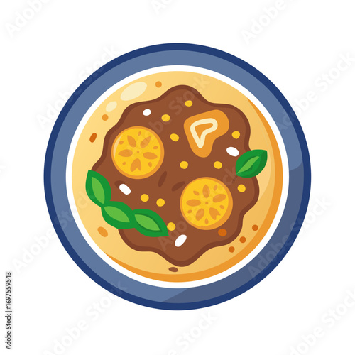 Flat illustration of soup with lemons and basil leaves