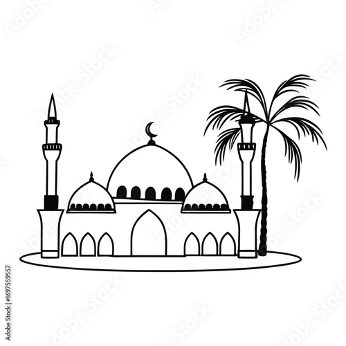 Flat Vector of Mosque Silhouette with Simple Palm