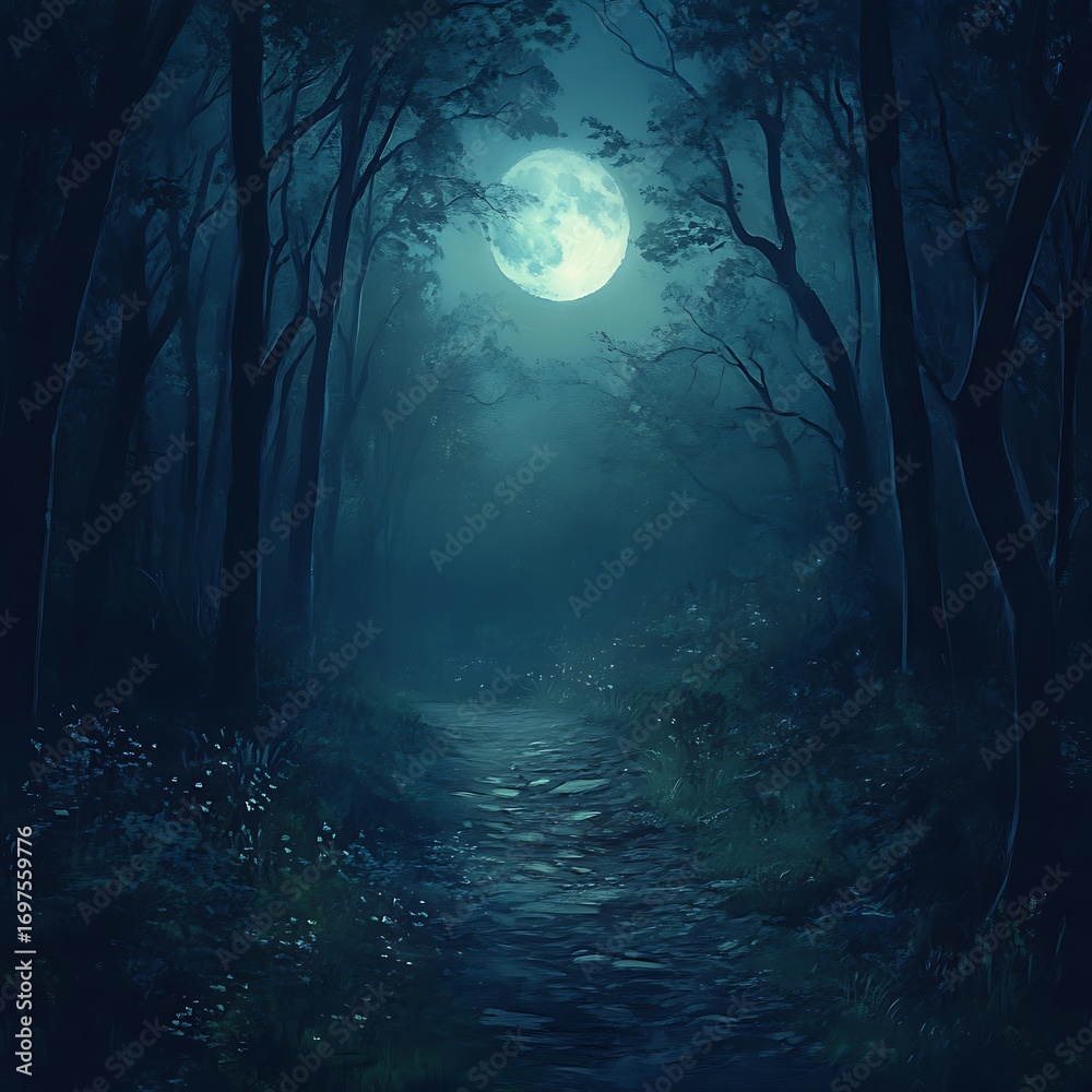 Fototapeta premium Dreamlike woodland glowing in silver moonlight high resolution picture