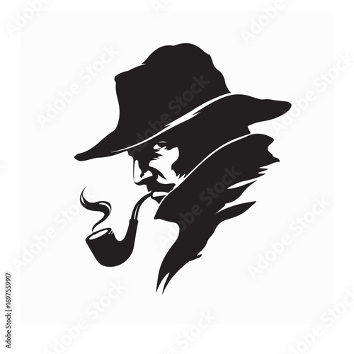 Bandit Silhouette with Hat and Pipe Smoke Vector Art on white background